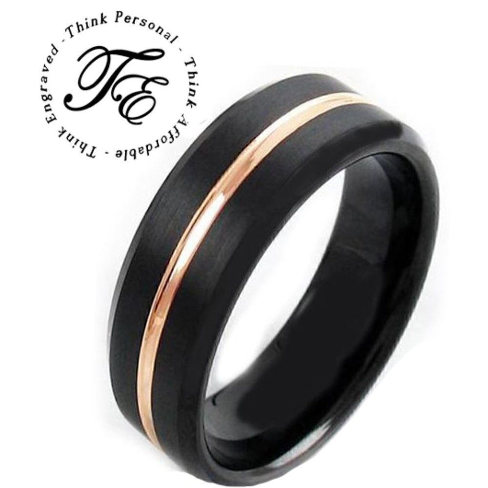Men's Real Black Tungsten Wedding Ring 14K Gold Filled Center Groove Gold Line